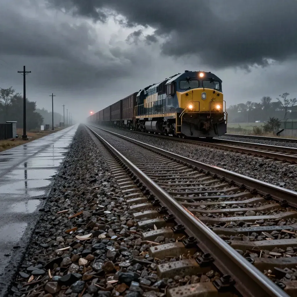 Freight engine crossing wet tracks beside a storm-soaked service road at dawn.