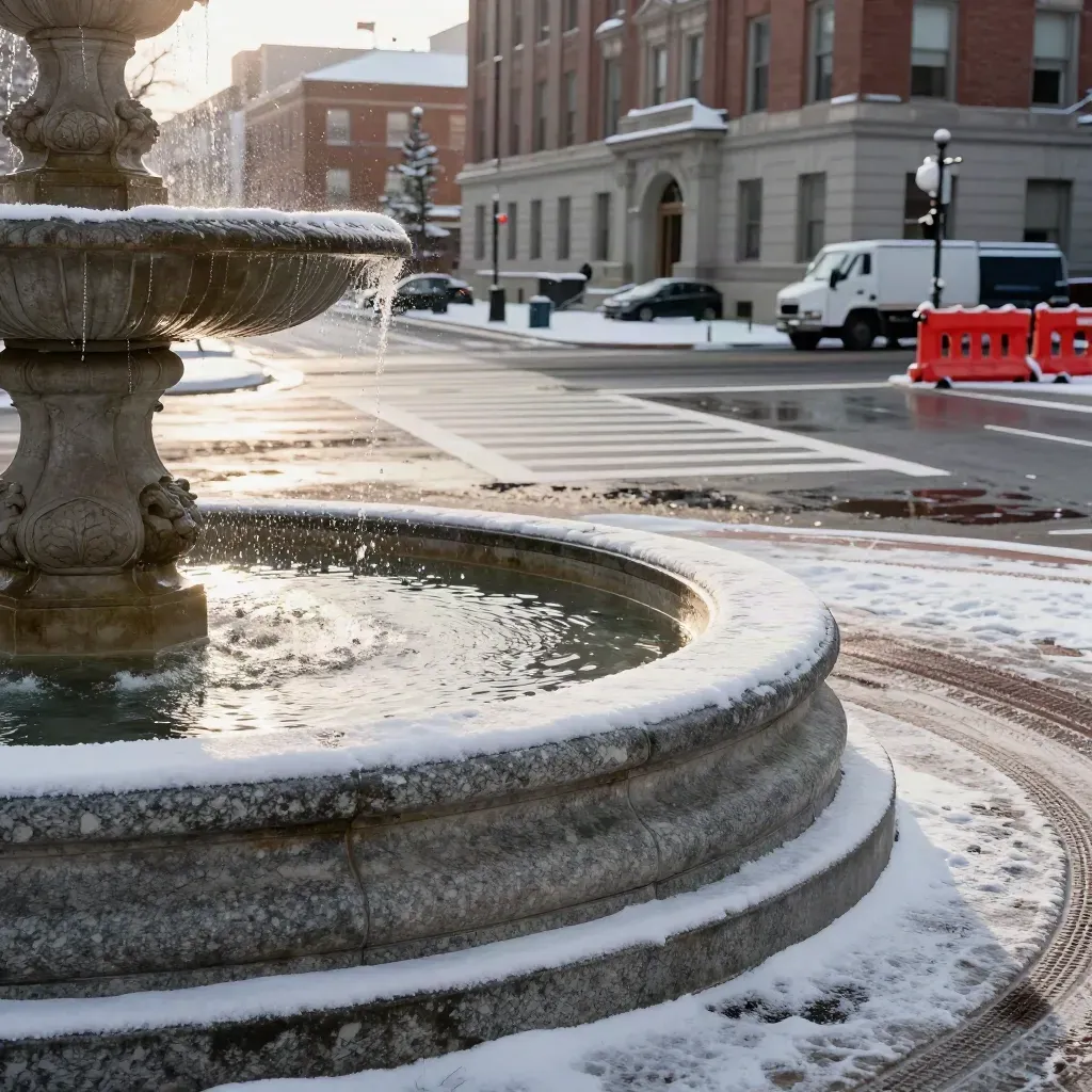 Snow-lined courthouse square with fountain, empty crosswalk, and slushy tire tracks.