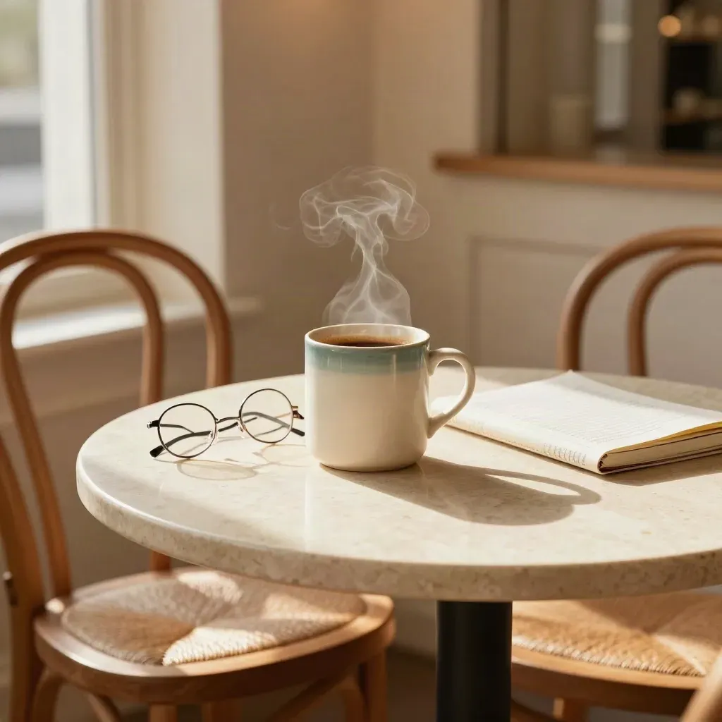 Sunlit café table with empty chairs, teal mug, steam, glasses, and a closed notebook.