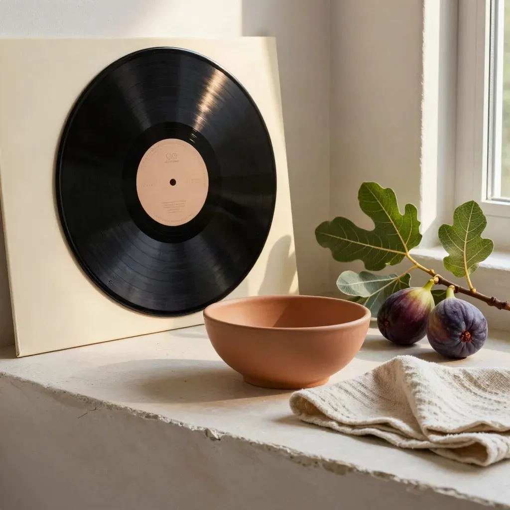 Vinyl record with ceramic bowl, linen cloth and fig branch on pale plaster.